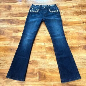 Miss Me MP724982 Pearl & Rhinestone Front Pocket Dark Wash Bootcut Jeans.